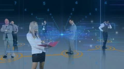 Woman standing, blue node blooming, colleagues joining, orange markers linking Stock Footage 328468771