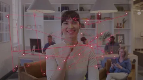 Woman standing center red node network overlay appearing across office causing Stock Footage 333145619