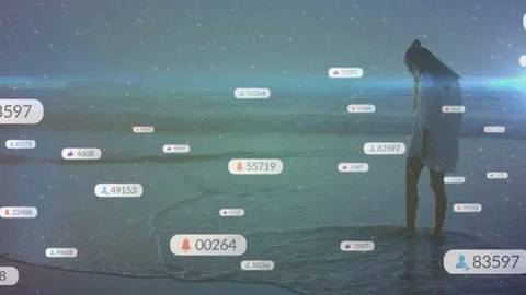 Woman standing dusk beach cursor click causing UX badges drifting toward legs Stock Footage 333540218