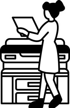 A woman is standing in front of a printer and reading a document Illustrazione stock