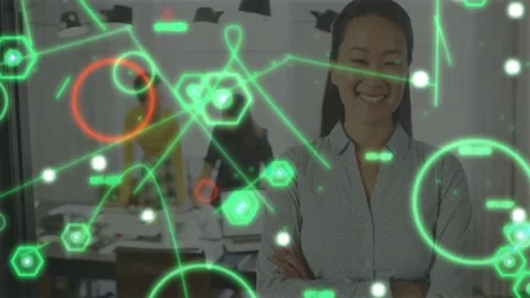 Woman standing front while animated overlay appearing mapping office data, Stock Footage 333477478