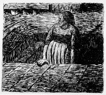 Woman standing halfway up the cellar steps. Ernst Barlach (Germany, 1870-19.. Stock Illustration