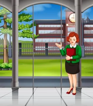 Woman standing inside of school Stock Illustration