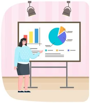 Woman standing near board with graphs and charts. Presentation of results of Stock Illustration