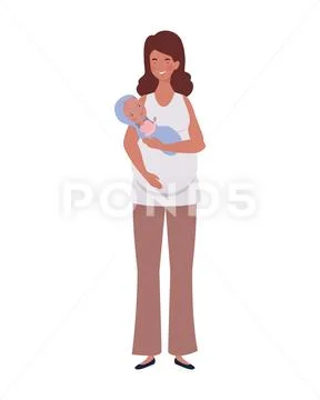 Woman standing with a newborn baby in her arms Stock Illustration