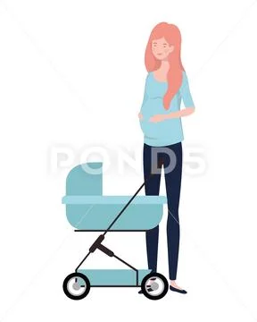 Woman standing with a newborn baby in pram Stock Illustration