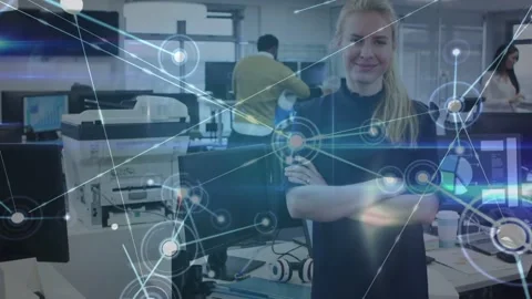 Woman standing, node appearing and expanding, animated network linking office Stock Footage 334040701