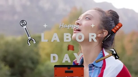 Woman standing smiling while toolbox drawer rising forming Happy LABOR DAY with Stock Footage 340674927