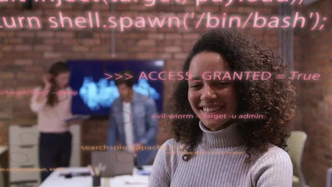 Woman standing in tech meeting while team tapping laptop causing ACCESS_GRANTED Stock Footage 333689818
