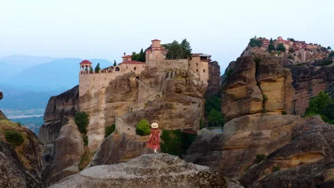 Woman Standing On Top Of Viewpoint With Monastery of Saint Varlaam Stock-Footage 343738159