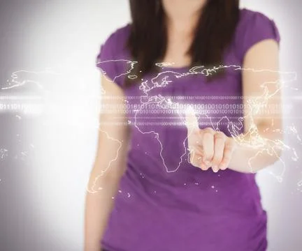 Woman standing using world map projection Stockillustratie