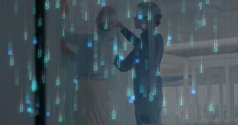 Woman standing while man lifting wearable near head through glass, testing tech Stock Footage 334312800