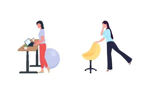 Woman standing while work flat color vector faceless character set Stock Illustration