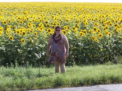 A woman stands near sunflowers Stock Photos