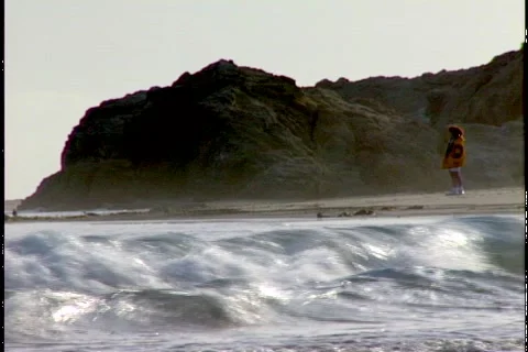 WOMAN STANDS AS WAVES BREAK Video stock 1052802