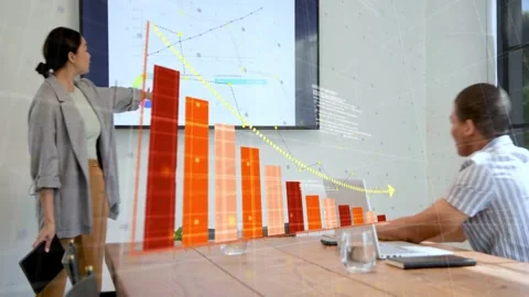 Woman starting, making 3D bars with yellow line moving to man, showing business Stock Footage 333132546
