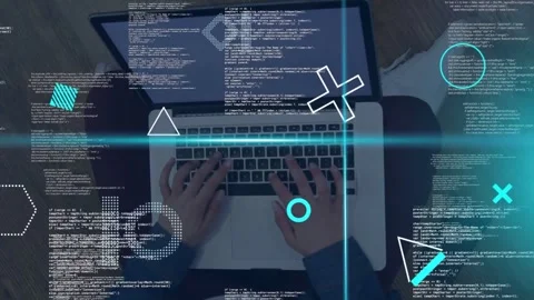 Woman starting typing on laptop, causing animated HUD code overlays obscuring Stock Footage 335282862