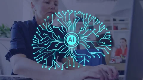 Woman starting typing while camera moving with blue AI brain overlay showing Stock Footage 334768863