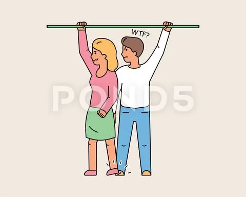 Woman stepping on a man foot in public transport Stock Illustration