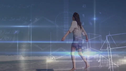Woman stepping into surf causing dotted hexagon patterns and tracking leaping Stock Footage 313076148
