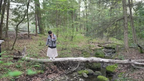 Woman steps carefully over fallen forest log Vídeos de archivo 343704673