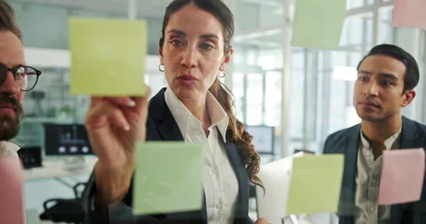 Woman, sticky note and writing on glass wall with team, planning and mind map Stock Footage 305163934