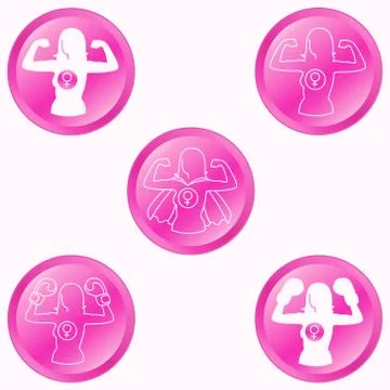 Woman strength round pink buttons set Stock Illustration