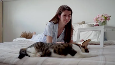A woman strokes a cat while lying on the bed. A woman reads a book. Relax at Stock Footage 155848565