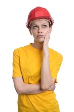 Woman structural engineer in red hard helmet Stock Photos