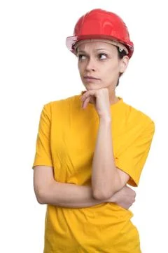 Woman structural engineer in red hard helmet Stock Photos