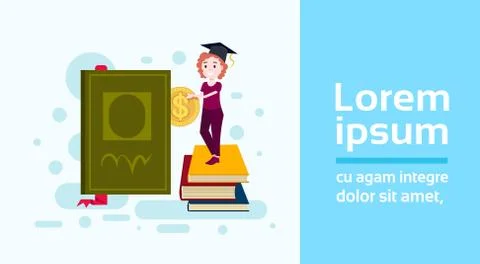 Woman student cup standing stack of book hold dollar coin study character on Illustrazione stock