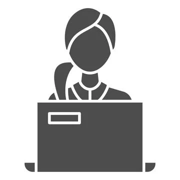 Woman, student working on laptop solid icon, education concept, girl behind Stock Illustration