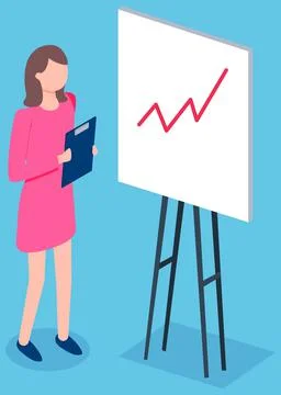 Woman studies chart growth. Data analysis on banner. Girl with clipboard looks Stock Illustration