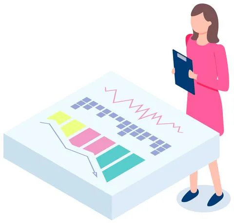 Woman studies chart growth. Data analysis on banner. Girl with clipboard looks Stock Illustration