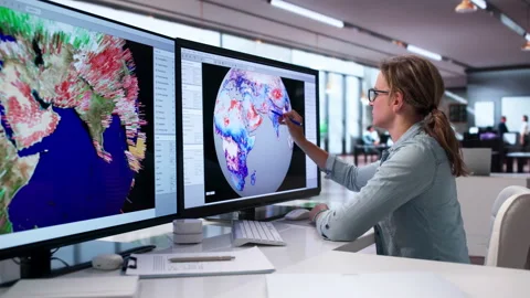 Woman Studies Climate Forecast Map Stock Footage 341000863