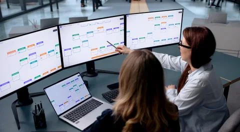 Woman Studies Digital Workflow System On Laptop To Improve Efficiency Today. Stock Photos