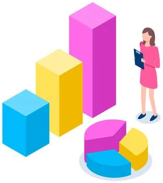 Woman studies statistics. Data analysis on graph and chart. Girl with clipboard Stock Illustration