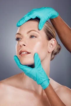 Woman, studio and hands for plastic surgery, cosmetic transformation and beauty Stock Photos