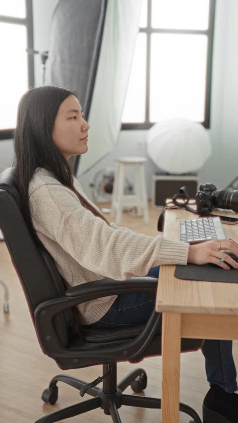 Woman in studio sits at desk using mouse with hand on mouse beside camera, .. Stock Footage 337438367