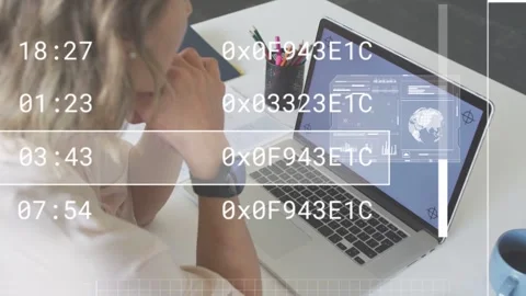 Woman studying laptop while blank screen causing charts and globe forming tech Stock Footage 334013666