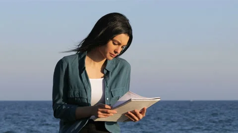 Woman studying reading notes on the beach Stock Footage 111772847