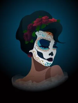 Woman with sugar skull makeup and wreath of roses Stock Illustration