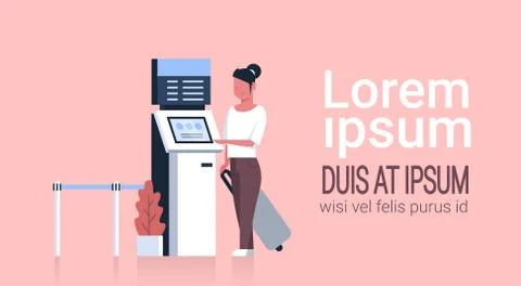 Woman With Suitcase Using Queue Management System Terminal At Airport Waiting 스톡 일러스트