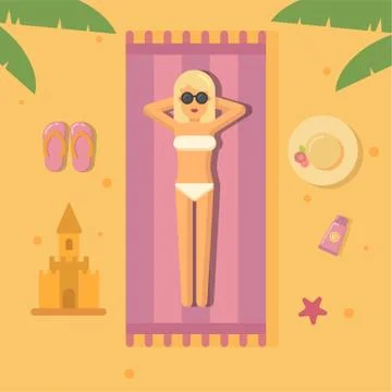 Woman sunbathing at the beach Stock Illustration