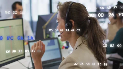 Woman support agent adjusting mic and speaking while resolving issue with data Stock Footage 333425628