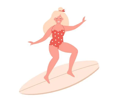 Woman surfing on surfboard. Summer activity, surfing. Hello summer Stock Illustration