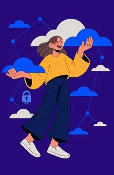 Woman surrounded by clouds and network connections with a lock Stock Illustration
