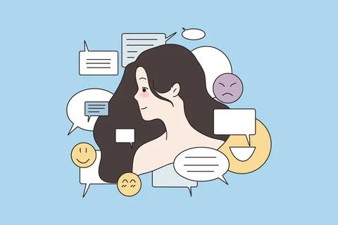 Woman surrounded by different emoticons symbols Stock Illustration