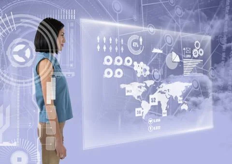 Woman surrounded in interfaces looking forward 写真素材