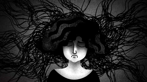 Woman surrounded by a tangle of negative thoughts Stock Footage 342478486